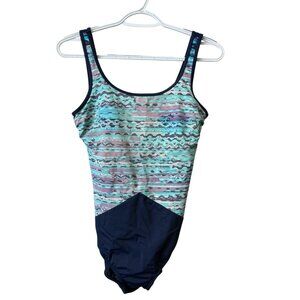 Lands End Womens One Piece Swim Suit Size 10 Tugless Blue Aqua Soft Cup